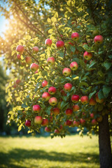 Juicy red apples glisten in the sunlight, hanging from lush green trees in a serene orchard, showcasing nature's bounty and freshness.