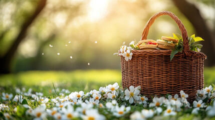 Spring picnic with a wicker basket, sandwiches, and blossoms gently falling