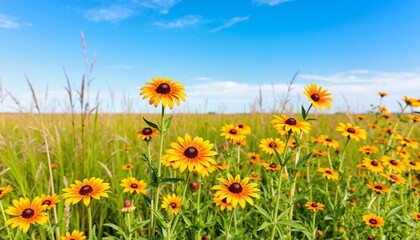 Fototapeta premium Seasonal blooming coneflowers standing vibrant in open prairie, nature's beauty