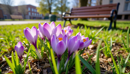 Seasonal blooms. Crocuses blooming in urban park during early spring, seasonal beauty