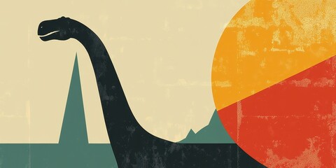 Silhouetted dinosaur stretches its neck towards a setting sun