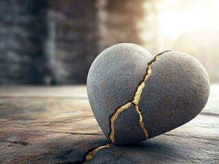 Kintsugi heart sculpture with gold crack highlighting unique patched design