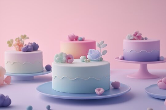These multi-layered 3D printed cakes with gradient effects are adorned with vibrant decorations. Perfect for showcasing 3D printed desserts that are artful and delicious.