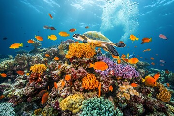 Obraz premium Sea turtle swimming over colorful coral reef with tropical fish