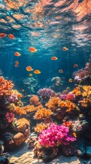 Fototapeta premium Wonderful and colorful coral reef and exotic fishes swimming in deep ocean