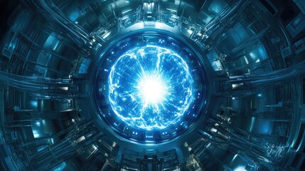 Fototapeta premium Futuristic energy core with bright blue plasma swirling in a high-tech laboratory environment