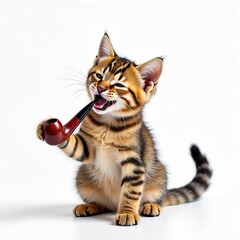 cute kitten is holding a tobacco pipe in its mouth