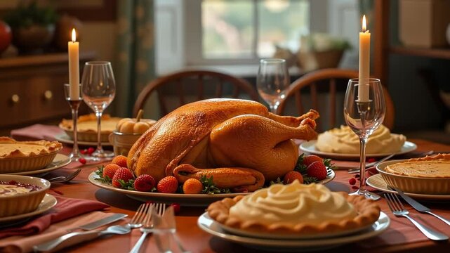  Festive Thanksgiving table set with a golden roasted turkey surrounded by candles and side dishes creating a warm and inviting atmosphere