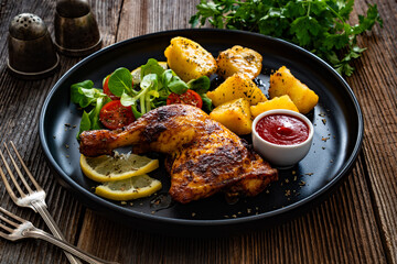 Oven roasted chicken thigh with potatoes and fresh salad on wooden table © Jacek Chabraszewski