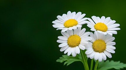 Obraz premium Four White Daisies with Yellow Centers against Dark Green Background