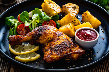Oven roasted chicken thigh with potatoes and fresh salad on wooden table