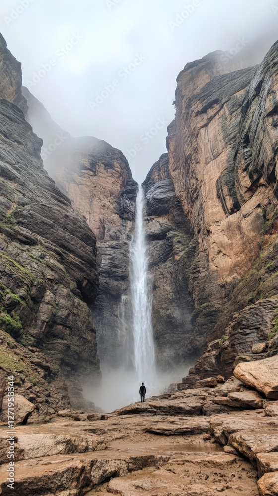 Poster lone hiker stands in awe at the base of a majestic waterfall, plummeting from towering cliffs shroud