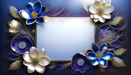 A greeting card with clean, white page in the center and metallic flowers on the border 