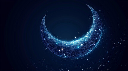 Crescent Moon with Intricate Star Patterns and Glowing Lines, Tattoo-Inspired Design, Dark Navy Blue Background, Cosmic Artwork