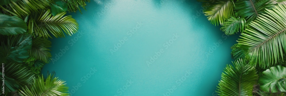 Poster lush green tropical leaves create a natural frame around a vibrant turquoise backdrop, offering a se
