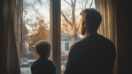 father standing by a window, looking out, while his child watches him from the doorway