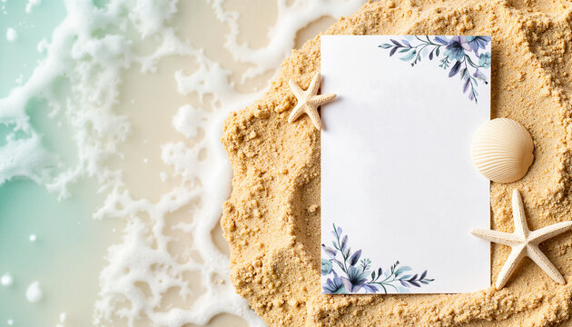 Beach-themed wedding invitation on sandy shore, ocean elegance