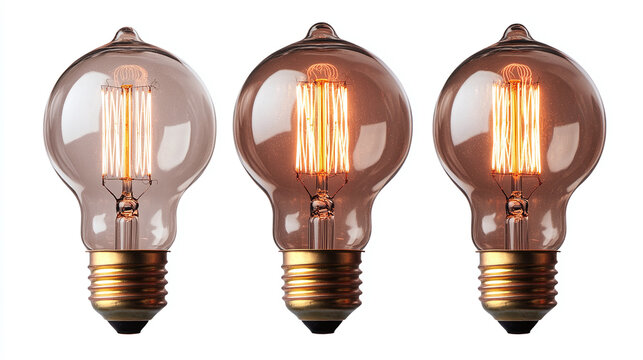 Collection of three vintage incandescent light bulbs, isolated on white background, glowing and unlit filament bulbs for classic lighting and electrical design concepts.