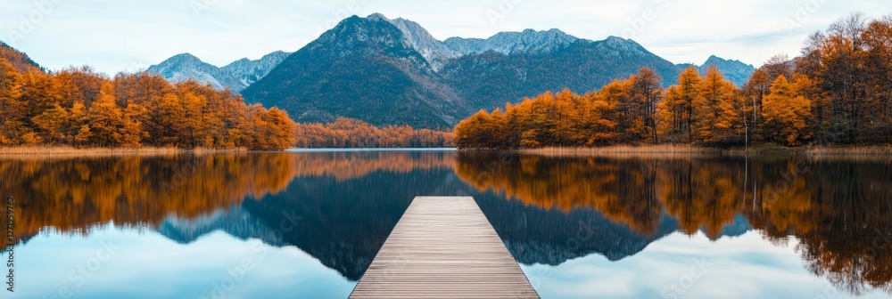 Poster wooden pier extends into a calm lake reflecting the vibrant autumn colors of the surrounding trees a
