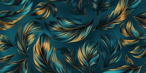 Elegant arrangement of golden and teal feathers on dark background