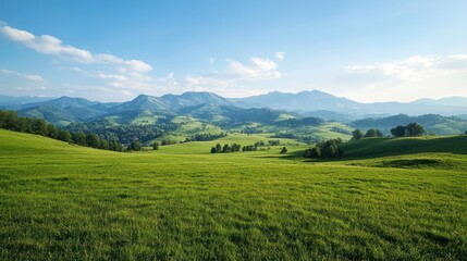 Obraz premium Vast Green Meadow Rolling Hills Landscape Under Blue Sky
