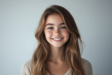 Cheerful teenage girl with long hair and freckles smiling at the camera