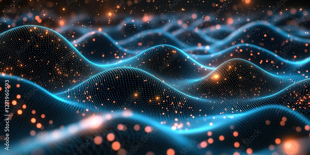 Poster digital abstract waves with glowing particles create a vibrant visual of movement and energy in a fu