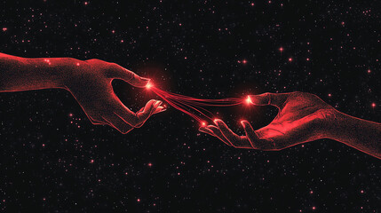 Glowing Red Thread Uniting Hands Under Starry Sky for Love