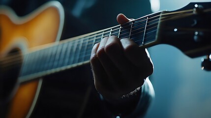 Fototapeta premium Closeup of a Hand Playing a Chord on an Acoustic Guitar