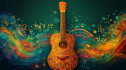 Guitar with Intricate Designs Carved into Wood Surrounded by Colorful Soundwaves, Music Concept Illustration Celebrating Creativity and Rhythm