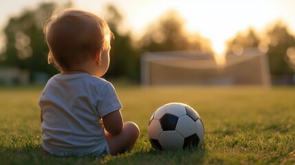 A one-year-old child sitting on a football field with a soccer ball, gazing at the goal in the golden sunset light. Ideal for family-oriented content, sports, or childhood themes.