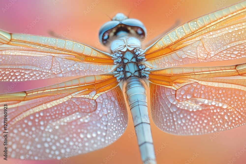 Poster dragonfly showing its beautiful wings covered with dew drops