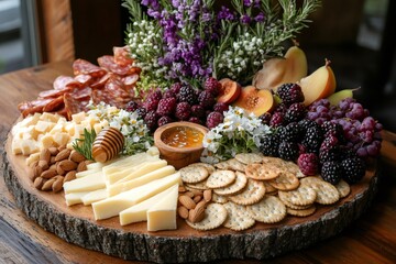 Gourmet charcuterie board presenting cheese, cured meat, and fresh fruit