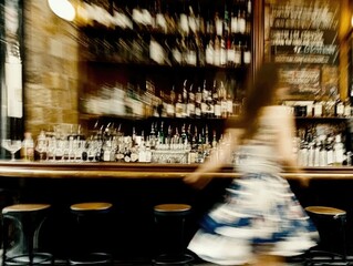 Obraz premium Blurred image of woman at bar with shelves of bottles and wooden stools