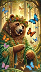 Enchanting bear queen with butterflies in magical forest, perfect for children's book fantasy illustration
