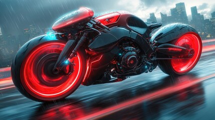 Obraz premium Futuristic motorcycle illuminated in neon red lights racing through a rainy urban landscape at night