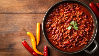 Chili con carne in a pot in a Mexican food concept. Chili con carne, tomatoes, red beans in a top view.
