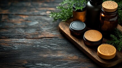 Naklejka premium Collection of Natural Skincare Products Arranged on Wooden Surface Generative AI