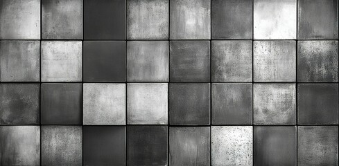 Decorative wall featuring a patterned arrangement of gray and metallic tiles in a modern interior setting