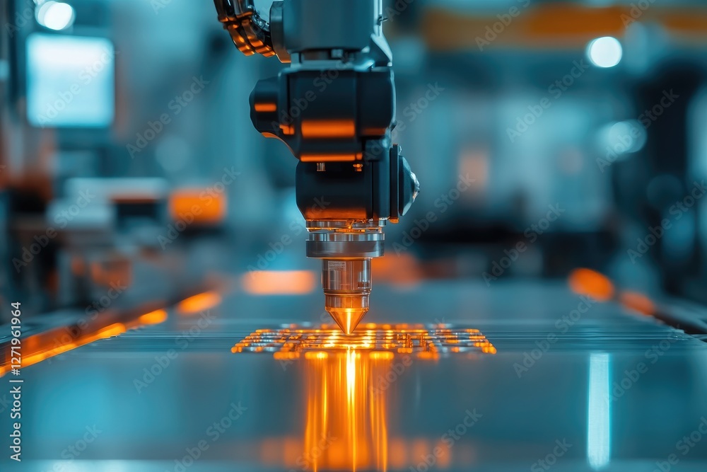 Aufkleber robotic arm working with laser on metal plate in factory
