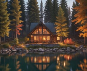 Cozy cabin by the lake with lit fireplace and trees outside , peaceful, wood, tranquility