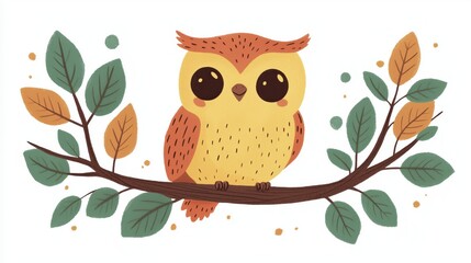 Obraz premium A charming watercolor illustration of an owl perched on a branch surrounded by colorful autumn leaves.