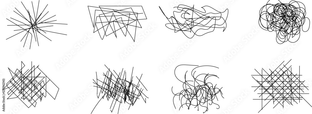 Poster random chaotic scribble lines collection pencil art set. abstract random line scribble vector elemen