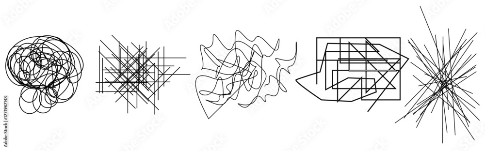 Poster random chaotic scribble lines collection pencil art set. abstract random line scribble vector elemen