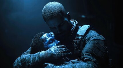 A gripping moment of emotional connection in a dimly lit scene showcasing two soldiers in a poignant farewell.