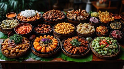 Fototapeta premium Diverse Asian Buffet on Banana Leaves