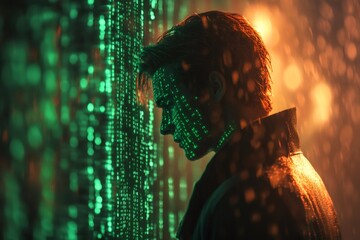 Hacker reflecting on green binary code projected on face in futuristic setting