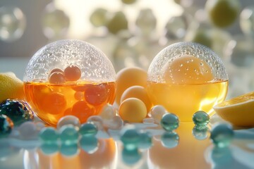 Conceptual 3D visualization of water soluble fat soluble vitamin glowing sphere floating their respective medium vibrant contrasting color cinematic gradient intricate molecular texture perfectly