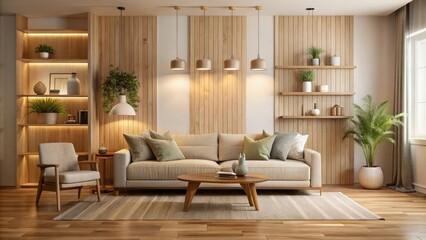Fototapeta premium Cozy minimalist living room with natural wood accents and soft lighting, home decor, floor lamp, interior design, dim lighting