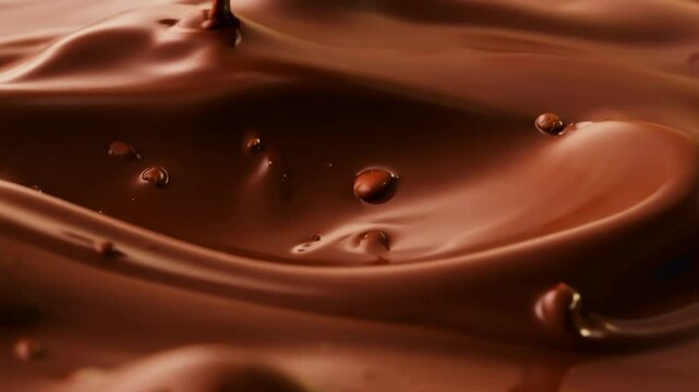 AI-generated close-up video of rich chocolate liquid with droplets, capturing smooth motion and glossy texture.
